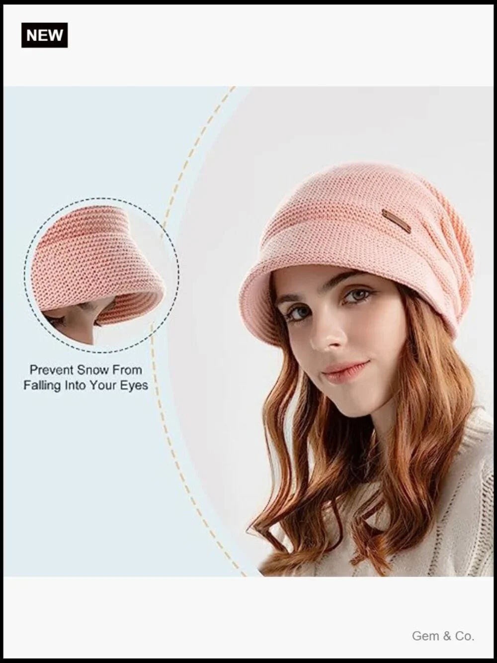 Fleece Lined Knitted Hat with Visor Brim, Slouchy Cable Knit Beanie Winter Hat